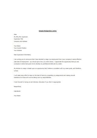 sample standard job resignation letter templates   ms word