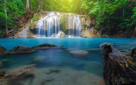 Download Wallpapers Blue Lake Rainforest Waterfall Jungle Thailand