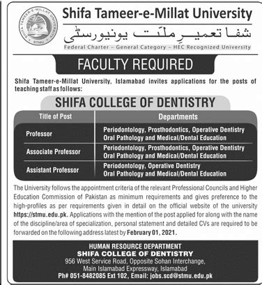 Shifa Tameer E Millat University Islamabad Jobs For Professor