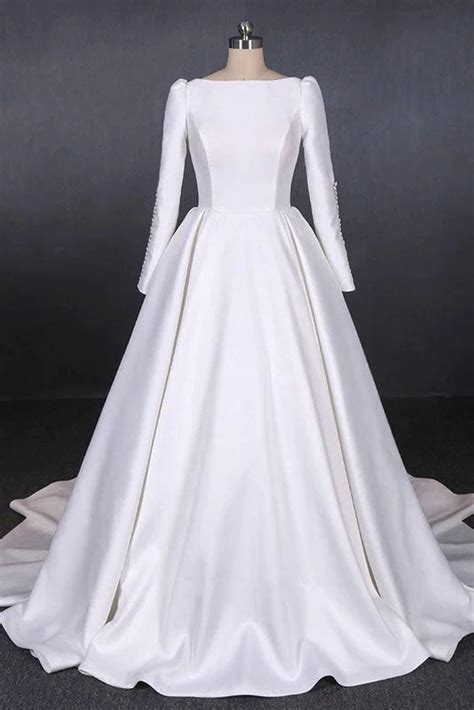 Ball Gown Long Sleeve White Satin Long Simple Wedding Dresses Promdressmeuk