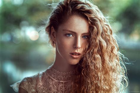 Wallpaper Women Redhead Blue Eyes Wavy Hair Face Bokeh Portrait Tanned Lods Franck