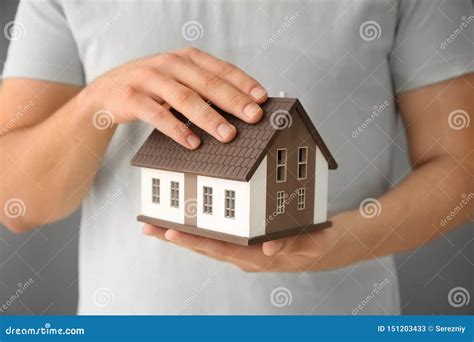 Man Holding House Model Closeup Mortgage Concept Stock Image Image