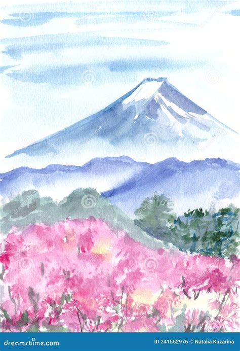 Watercolor Landscape Mount Fuji And Cherry Blossoms Stock Illustration
