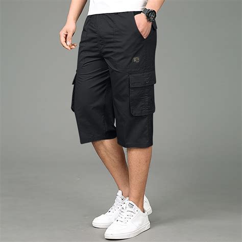 men s casual twill elastic cargo shorts below knee loose fit multi pockets capri long shorts