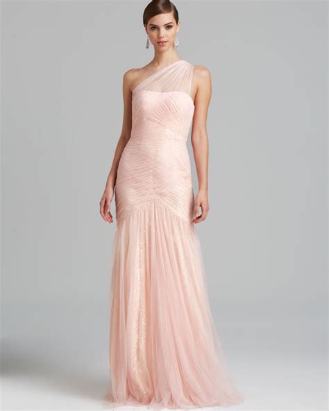 Ml Monique Lhuillier Gown One Shoulder Tulle With Sequin Underlay In