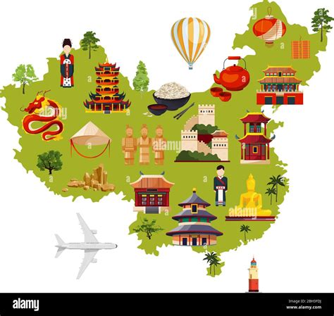 Chinese Travel Illustration With Different Cultural Objects Vector Map