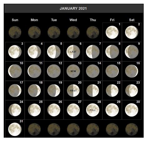 8 phases at a glance (new, waxing crescent, first quarter, waxing gibbous, full, waning. January 2021 Moon Phases Lunar Calendar Printable Free ...