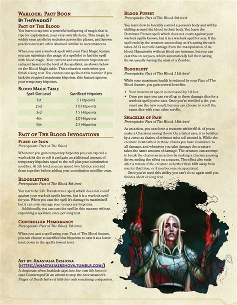 5e Pact Of The Blood A Pact Boon For Warlocks Granting Them The Vile