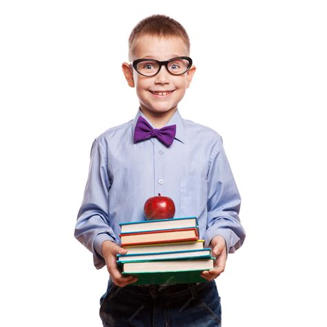 Premium Photo Happy Little Boy With Books Isolated On White Background