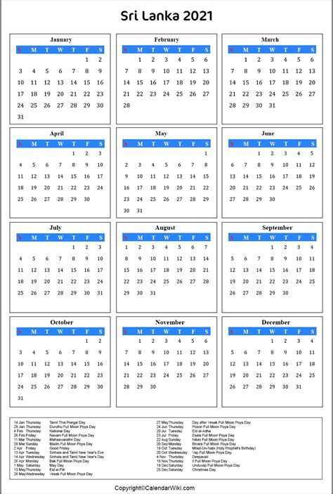 Printable Srilanka Calendar 2021 With Holidays Public Holidays