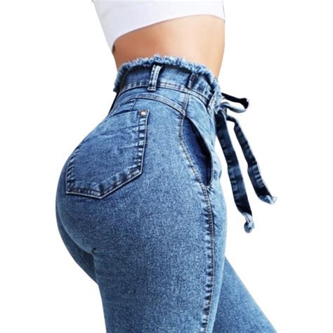 High Waist Jeans Women Streetwear Bandage Denim Plus Size Pencil Pants Skinny Jeans Woman Blue