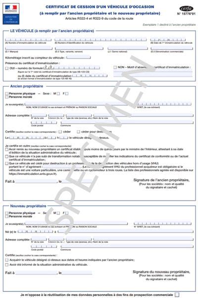 Certificat de cession de véhicule cerfa PDF à remplir