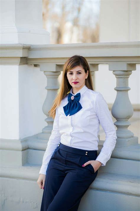 Blue Bow Tie White Shirt Women Professional Attire Professional