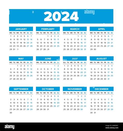 Simple Vector Calendar 2024 Weeks Start On Monday Stock Vector Image