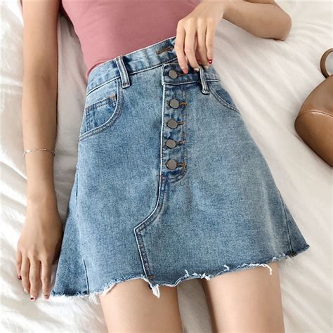 Denim Skirts For Women 2018 Summer Cotton A Line Mini Skirts High Waist Irregular Pleated Mini