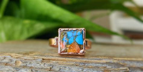 Natural Turquoise ring, Spiny Oyster Copper Turquoise ring, Square Turquoise, Turquoise Boho ...