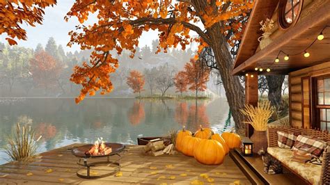 Autumn Cozy Lake House Porch In Rainy Morning With Bonfire Relaxing
