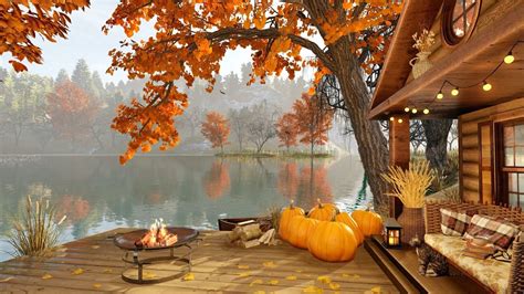 Autumn Cozy Lake House Porch in Rainy Morning with Bonfire, Relaxing