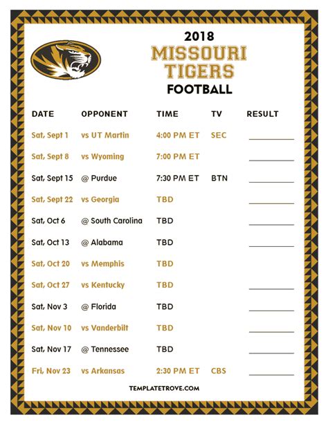 Mizzou Football Schedule Printable The Commodores And Tigers Will Kick Off Their Week 10 Matchup