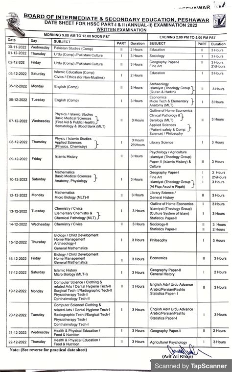 Bise Peshawar Board Date Sheet 2024 Inter Part 1 2 Hssc Fa Fsc