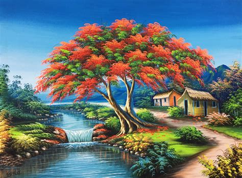 Flamboyant Tree Painting Haitian Art Landscape Oil Painting Etsy