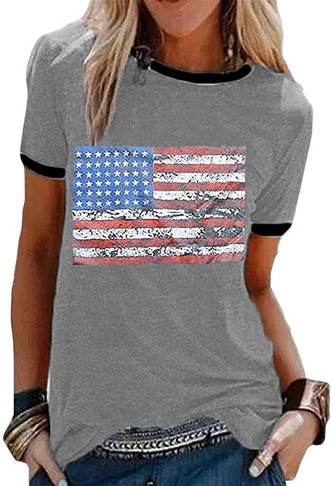 Patriotic Shirt Stars Stripes T Shirt Top Women Short Sleeve Casual
