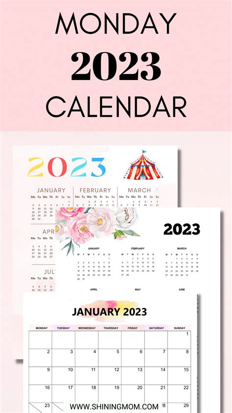 2023 Monday Calendar Pretty Free Printables