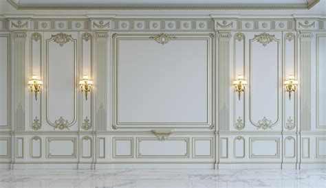 White Wall Panels In Classical Style With Gilding And Sconces Photogra