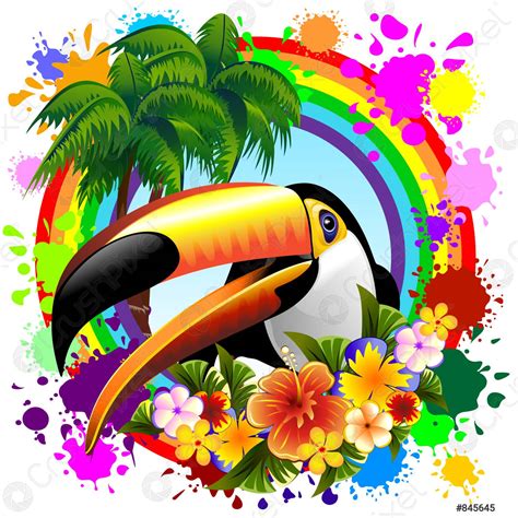 Toucan On Rainbow Tropical Floral Frame Vector Illustration Stock
