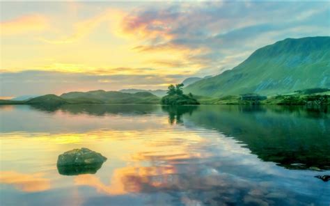 Mountains Green Lake Water Reflection Clouds Wales Wallpapers