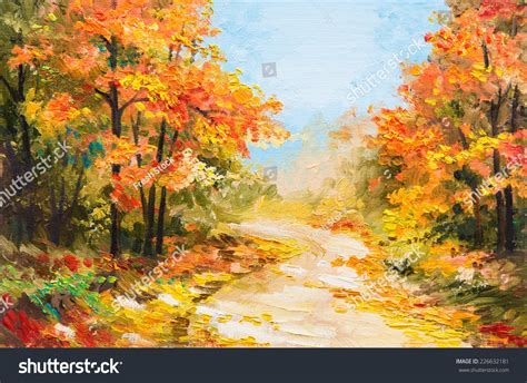 Oil Painting Autumn Forest Road Forest Stock Illustration