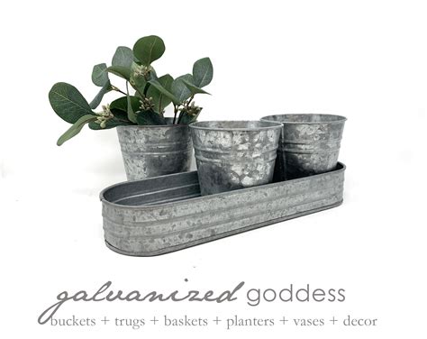 Galvanized Planters With Tray 3 Round Pots Metal Etsy
