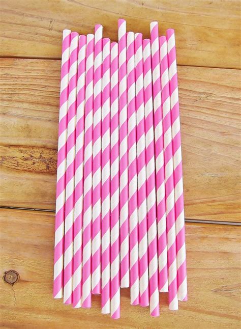 25 Paper Drinking Straws In Light Hot Pink And White Quality Durable