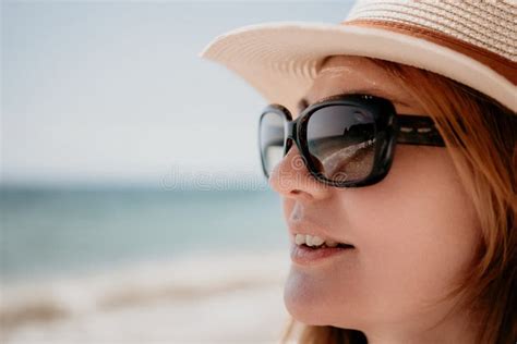 Young Woman In Red Bikini On Beach Blonde In Sunglasses On Pebble Beach Enjoying Sun Stock