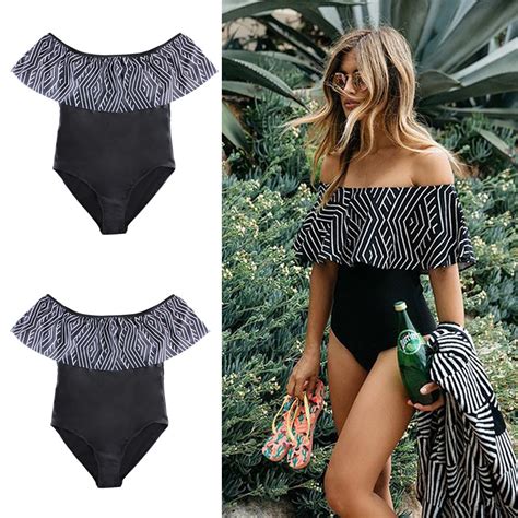 Swimwear Women One Piece Sexy Off The Shoulder Solid Swimsuit Female