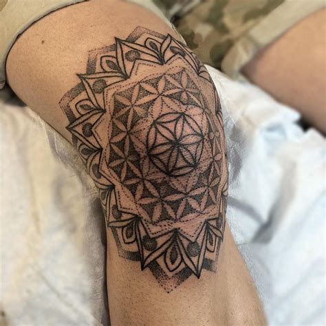 Dot Work Sacred Geometry Mandala Tattoo On The Right Knee Knee Tattoo