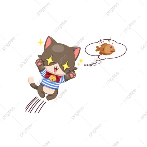 Hungry Cat And Shock Fish In Cartoon Character Vector Cat Neck Bell