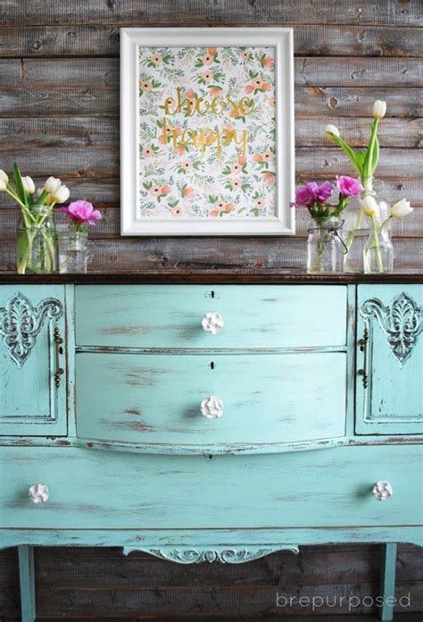 Chalky Finish Mint And Floral Buffet Refinishing Furniture Painting