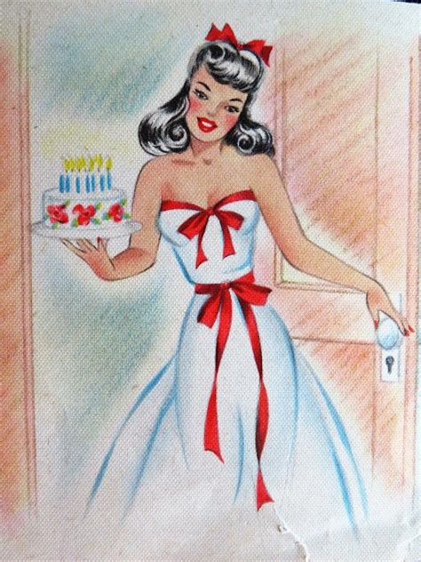 Vintage Birthday Card Pretty Girl Fancy Dress Carrying Birthday Cake W Candles 1880481321