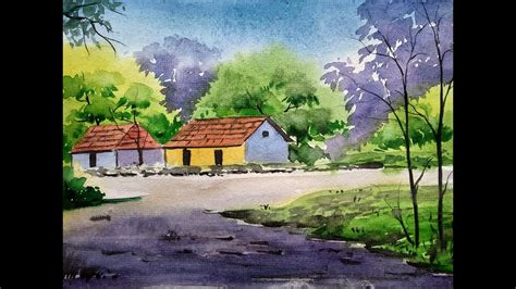 Watercolor Village Landscape Painting For Beginners Landscape Nature