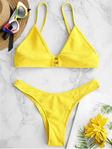 5 Off 2021 Zaful Ribbed Lattice Bralette Bikini Set In Bright Yellow