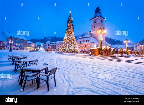 Brasov Romania Christmas Market With Xmas Tree And Lights