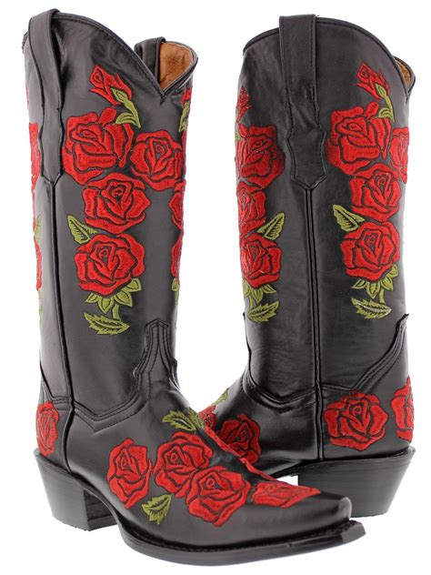 Womens Rosal Black Floral Leather Cowgirl Boots Red Cowgirl Boots Western Boots Western