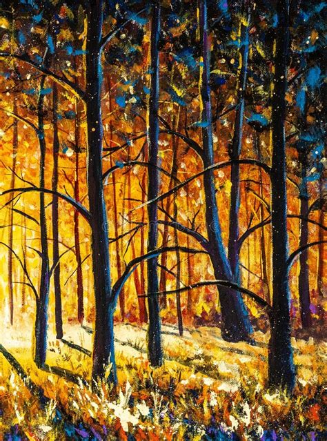 Panorama Orange Autumn Sunny Warm Park Alley Forest Original Oil