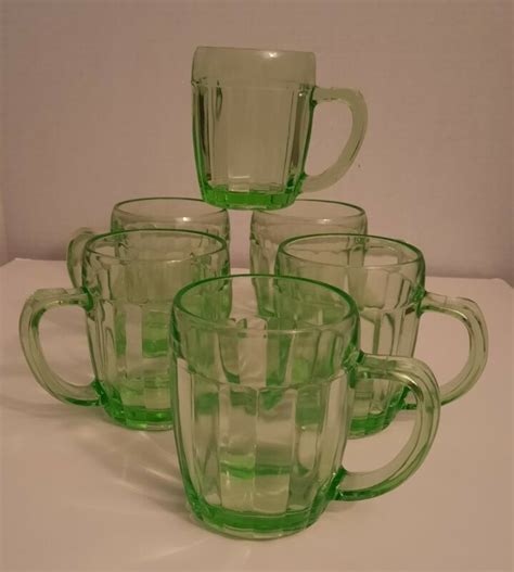 Anchor Hocking Depression Glass Block Optic Green Mugs Cups Uranium