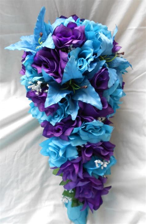 Purple And Turquoise Blue Cascade Wedding Bouquet Lilies