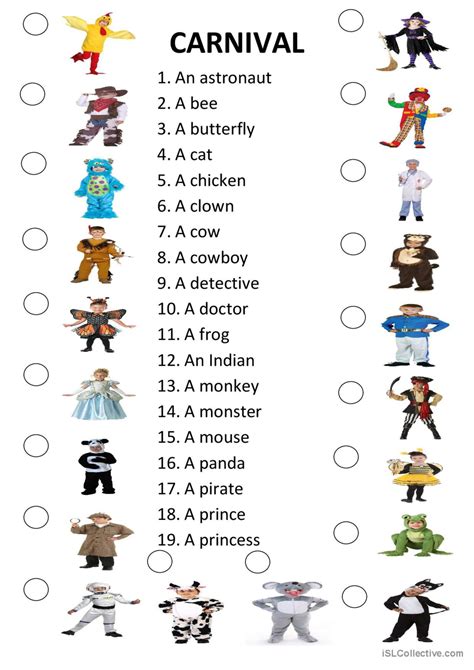 20 Carnival Costumes Matching English Esl Worksheets Pdf And Doc
