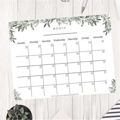 Blank Monthly Calendar Botanical Calendar Desk Calendar Etsy