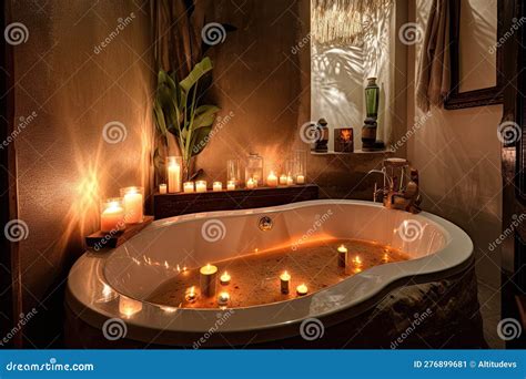 Bathroom With Steamy Bubble Bath And Candles For Peaceful And