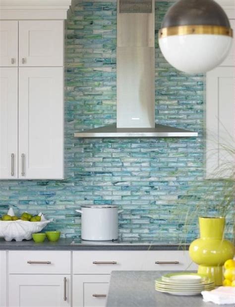 Blue Glass Tile Backsplash Stainless Chimney Hood Modern Kitchen